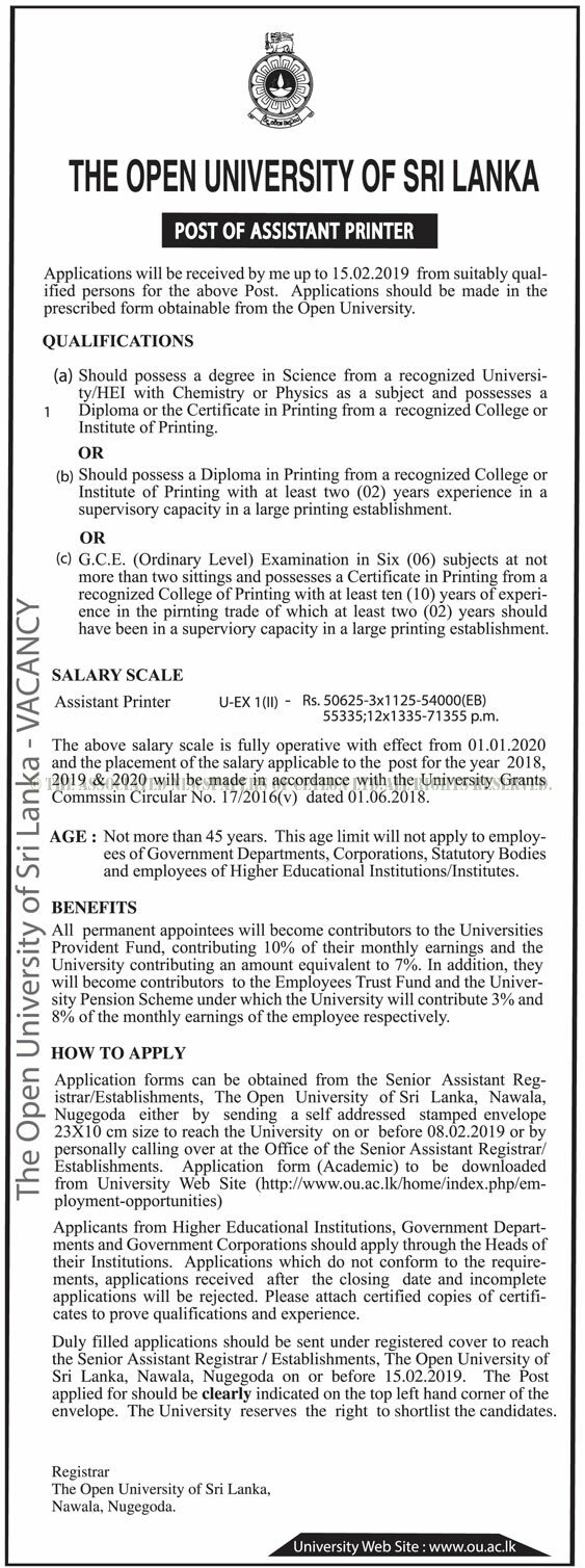 Assistant Printer - Open University of Sri Lanka